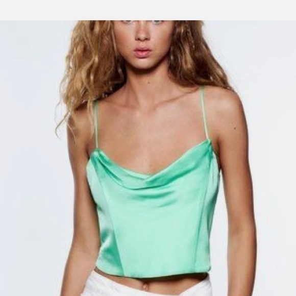 ZARA Satin Corset Style Cowl Neck Cropped Top In Mint Green. Size XS - Picture 1 of 16